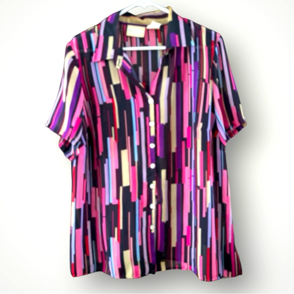Vintage Worthington Pink Purple Vertical Stripe Button Down Feminine Top 16W